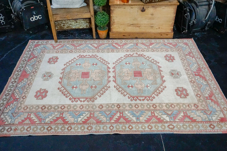 5’1 x 7’2 Turkish Milas Rug Baby Blue, Pink and Cream 1960's