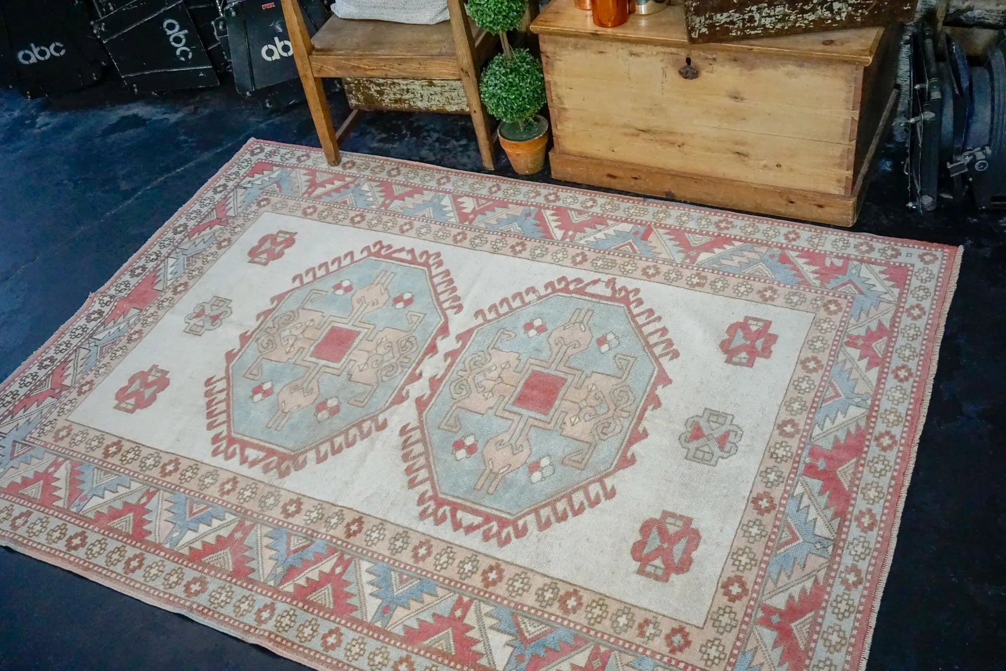 5’1 x 7’2 Turkish Milas Rug Baby Blue, Pink and Cream 1960's '2998 Linda's Barn