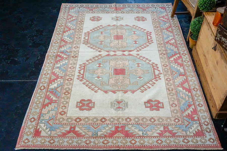 5’1 x 7’2 Turkish Milas Rug Baby Blue, Pink and Cream 1960's