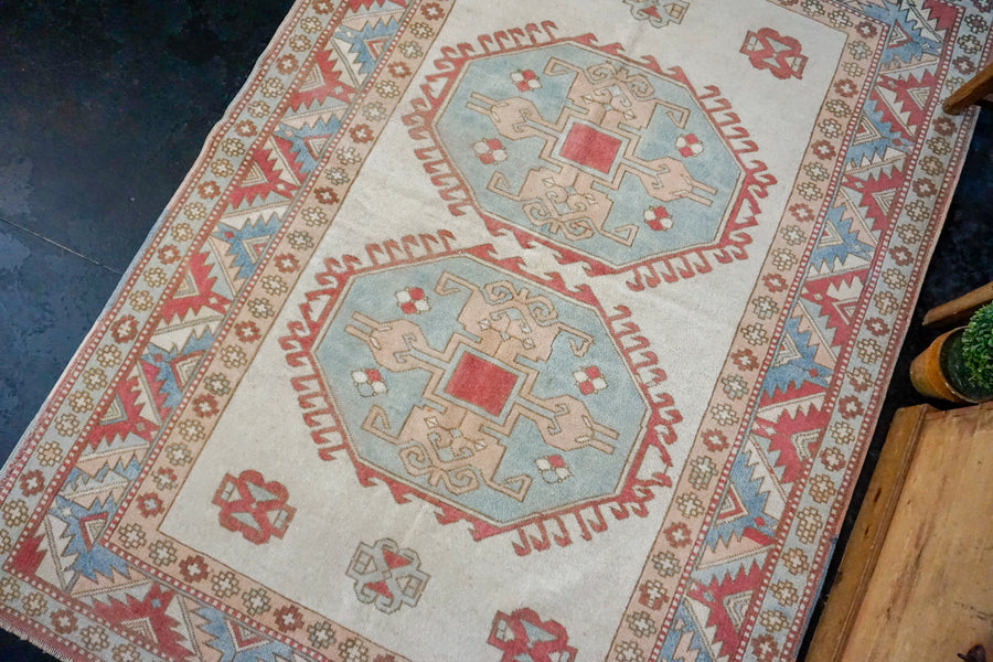 5’1 x 7’2 Turkish Milas Rug Baby Blue, Pink and Cream 1960's