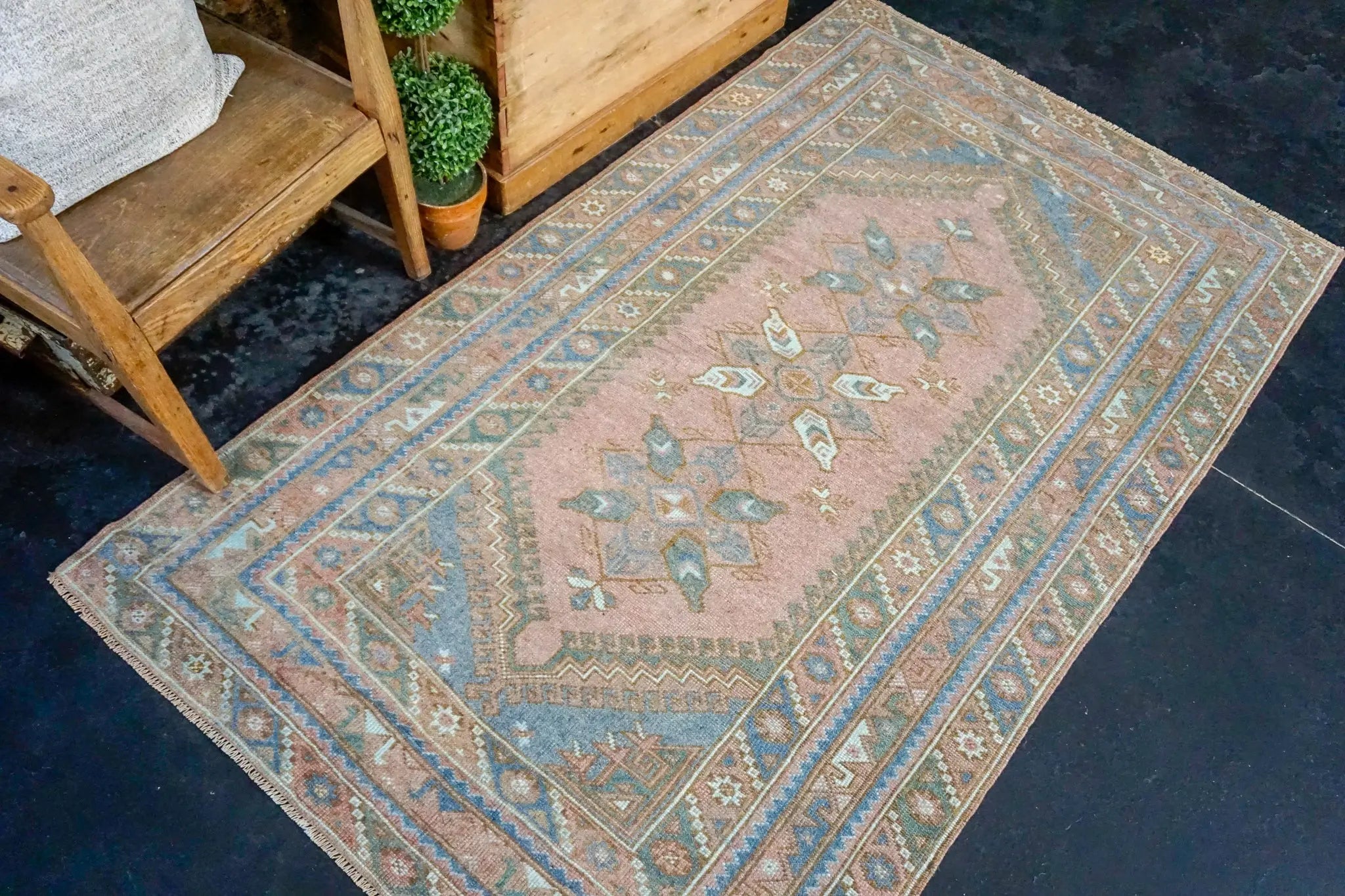 4’ x 6’9 Turkish Milas Rug Blue, Rose + Deep Teal 1960's '3002 Linda's Barn