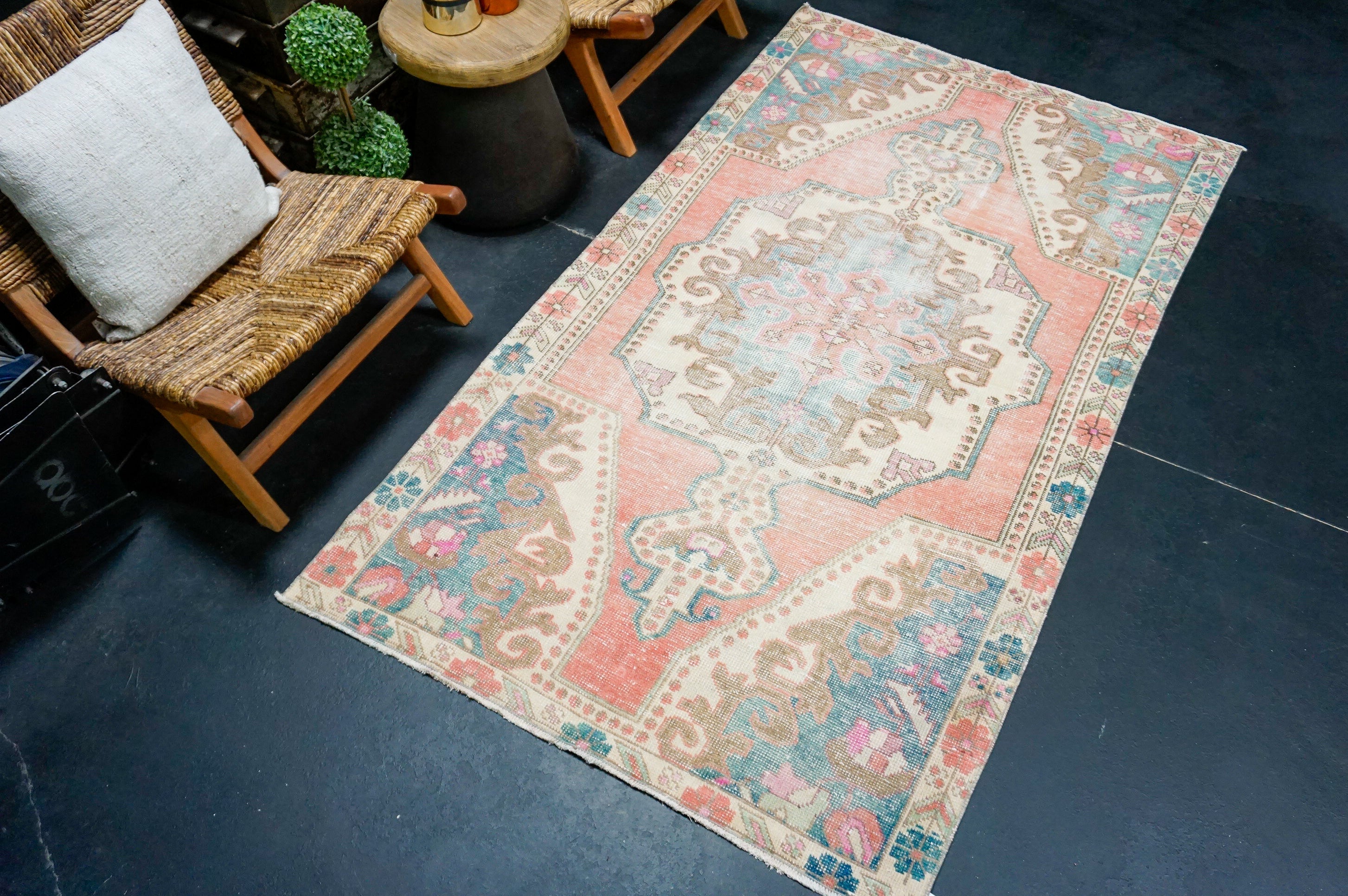 4’1 x 7’3 Vintage Turkish Oushak Rug Muted Coral Pink, Turquoise Blue & Cream '4375 Linda's Barn