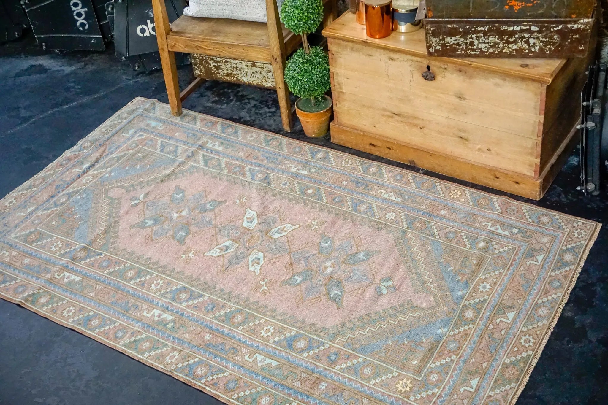 4’ x 6’9 Turkish Milas Rug Blue, Rose + Deep Teal 1960's '3002 Linda's Barn