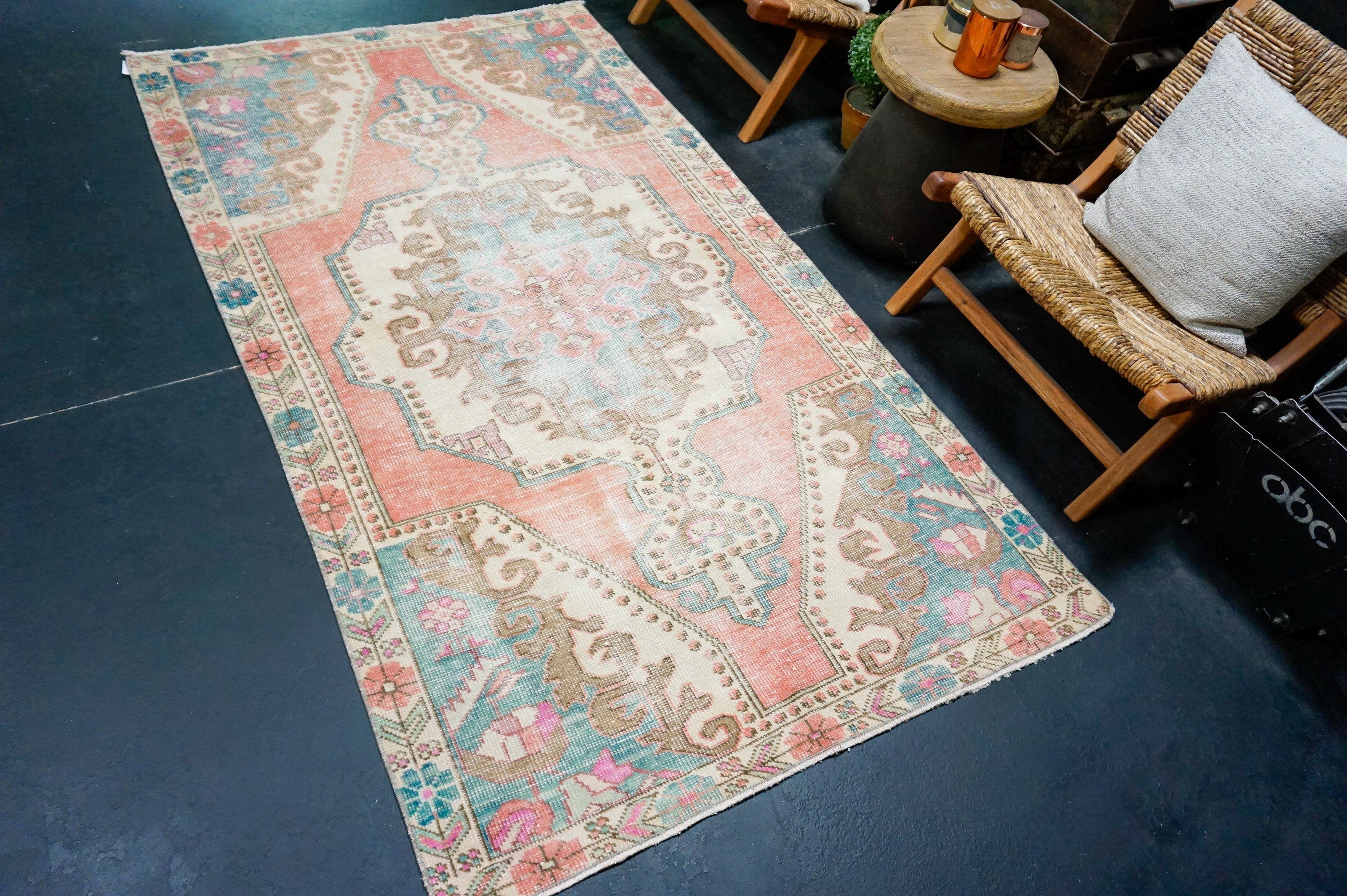 4’1 x 7’3 Vintage Turkish Oushak Rug Muted Coral Pink, Turquoise Blue & Cream '4375 Linda's Barn