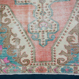 4’1 x 7’3 Vintage Turkish Oushak Rug Muted Coral Pink, Turquoise Blue & Cream