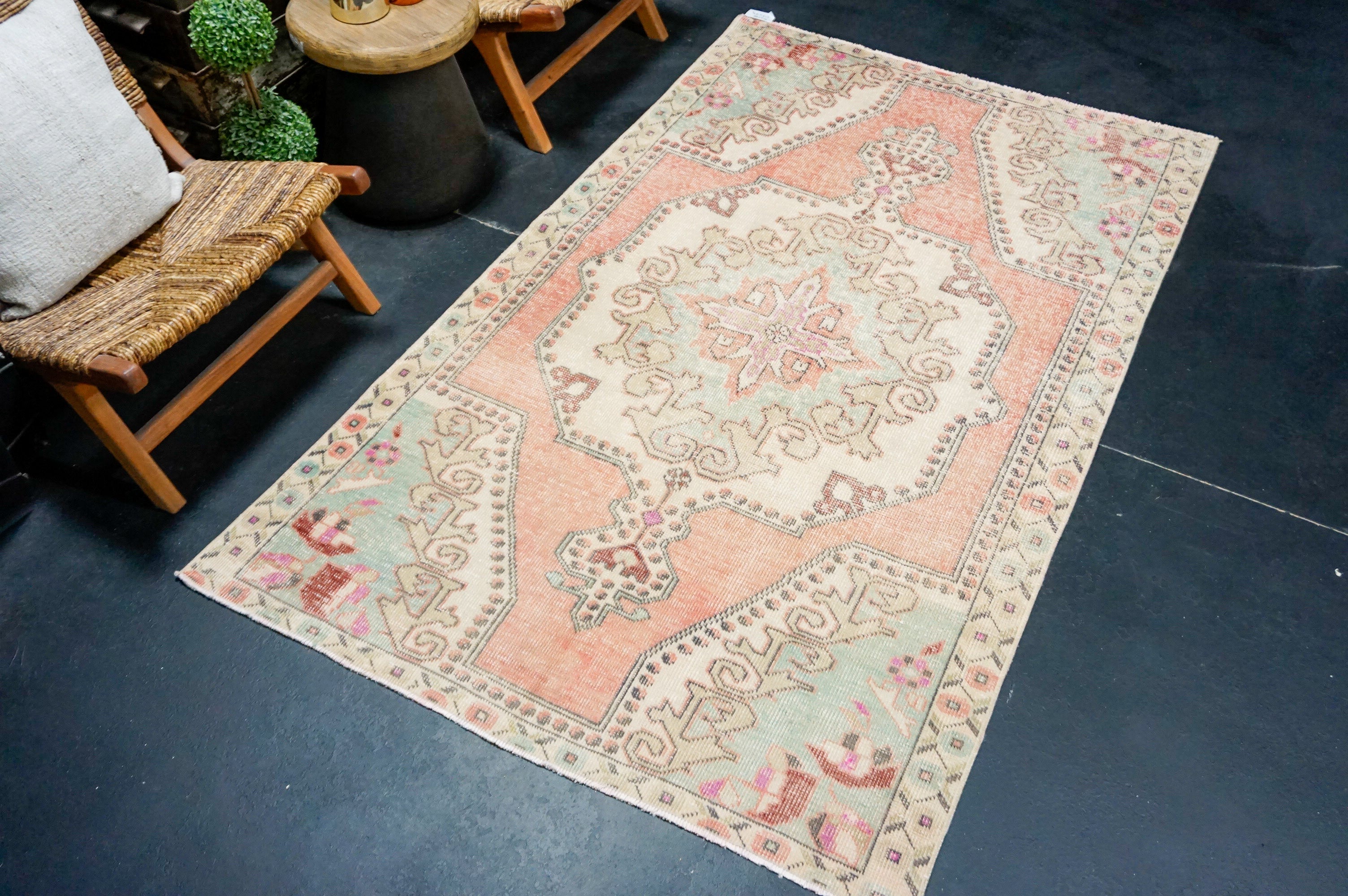 4’5 x 7’4 Vintage Turkish Oushak Rug Muted Red, Aqua Blue & Khaki '4378 Linda's Barn