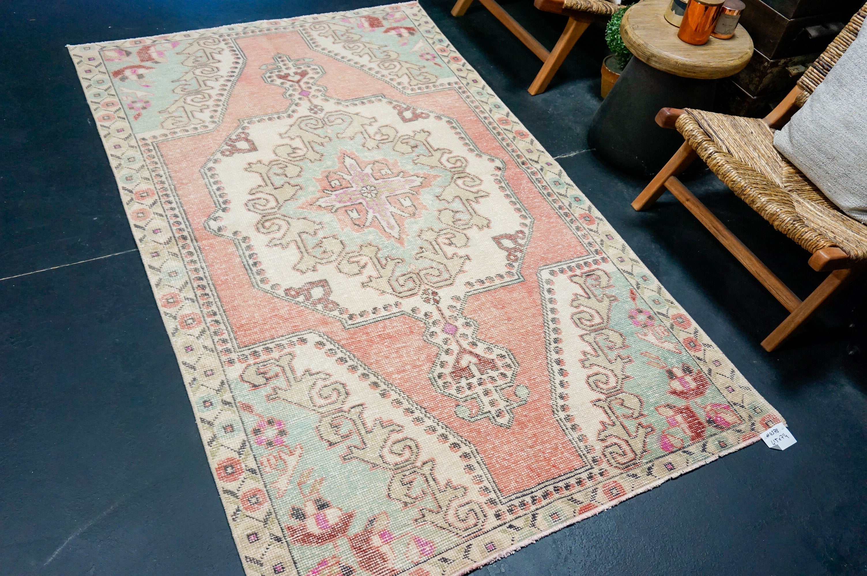 4’5 x 7’4 Vintage Turkish Oushak Rug Muted Red, Aqua Blue & Khaki '4378 Linda's Barn