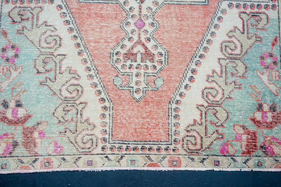 4’5 x 7’4 Vintage Turkish Oushak Rug Muted Red, Aqua Blue & Khaki