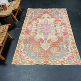 4’1 x 7’ Vintage Turkish Oushak Rug Muted Red, Blue & Yellow