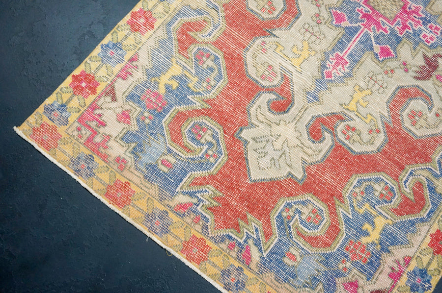 4’1 x 7’ Vintage Turkish Oushak Rug Muted Red, Blue & Yellow