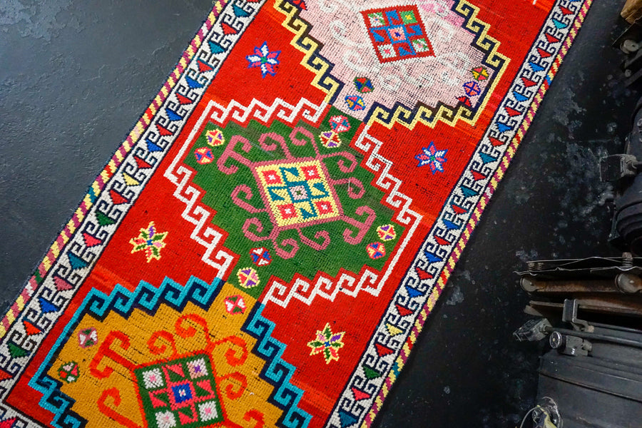 2’8 x 10’3 Turkish Oushak Runner Red and Rainbow