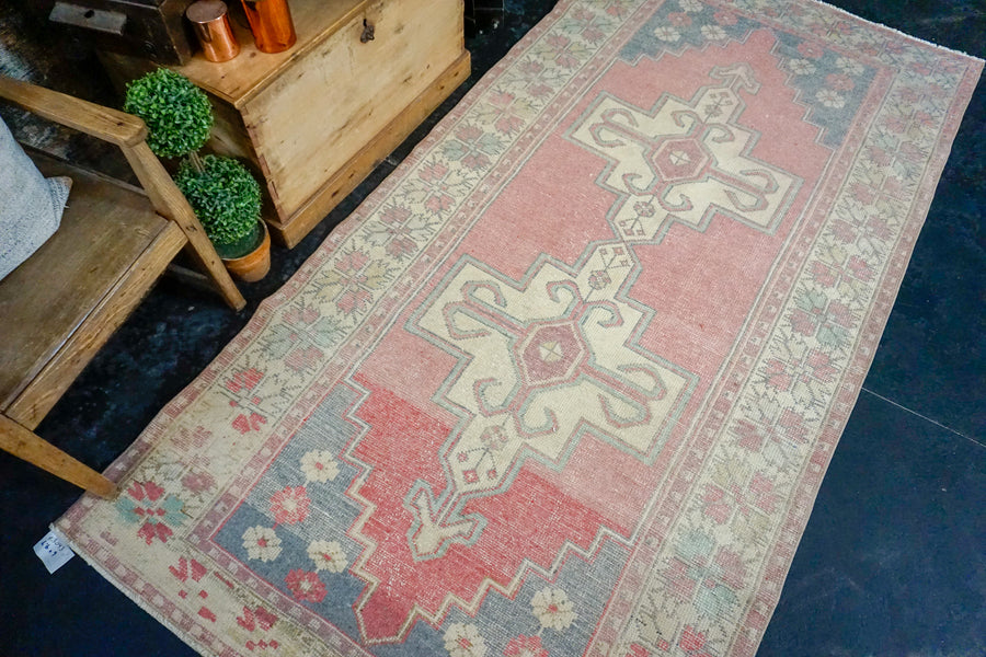 4’6 x 9’ Wide Turkish Oushak Runner Muted Pink, Ecru and Gray