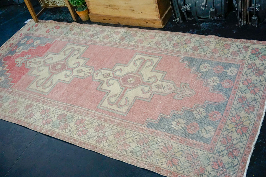 4’6 x 9’ Wide Turkish Oushak Runner Muted Pink, Ecru and Gray