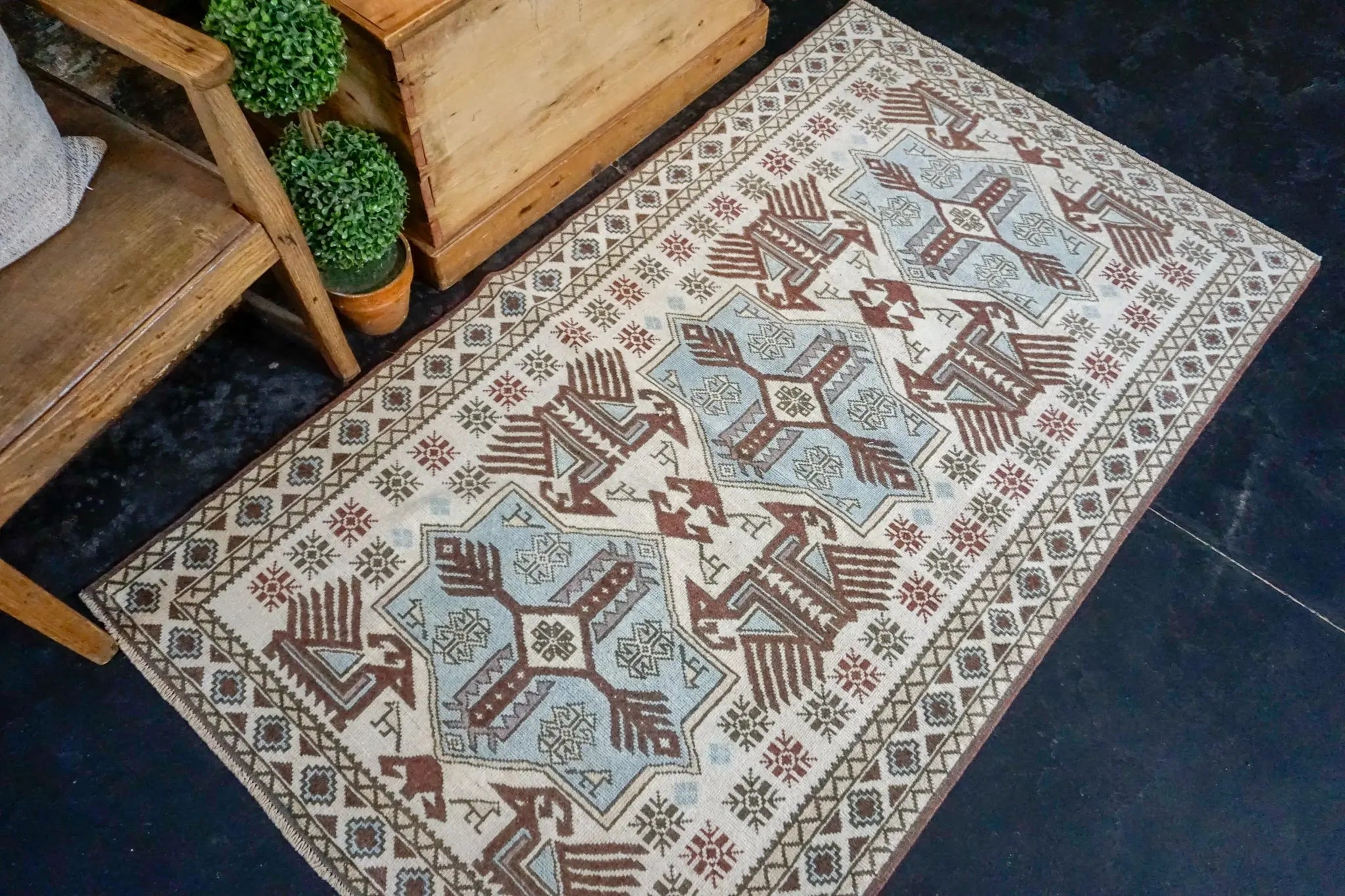 3’5 x 5’11 Turkish Milas Rug 1960's Baby Blue, Cream + Berrywine '2954 Linda's Barn