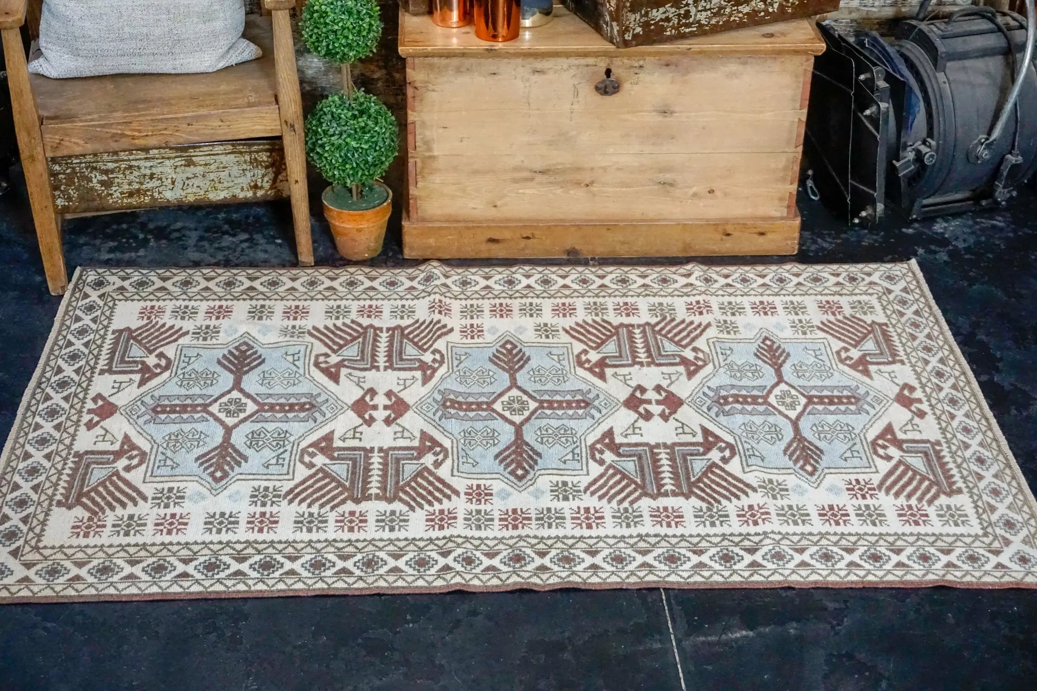 3’5 x 5’11 Turkish Milas Rug 1960's Baby Blue, Cream + Berrywine '2954 Linda's Barn