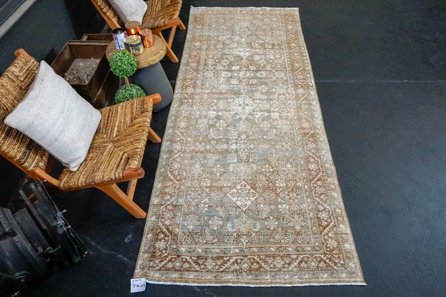 3’9 x 10’4 Classic Vintage Runner Muted Clay Gray, Copper  & Beige SB