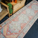 3’1 x 9’6 Vintage Turkish Runner Muted Coral Red, Beige and Aqua Blue