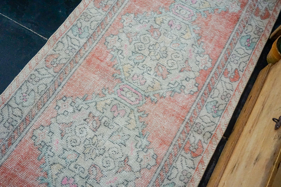 3’1 x 9’6 Vintage Turkish Runner Muted Coral Red, Beige and Aqua Blue