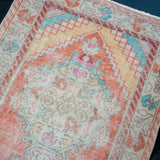 3’1 x 9’6 Vintage Turkish Runner Muted Coral Red, Beige and Aqua Blue