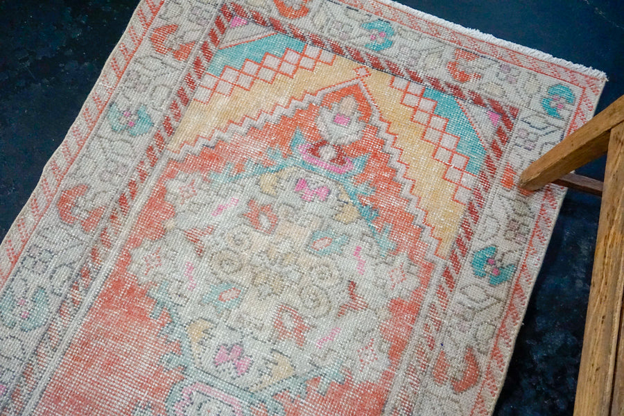 3’1 x 9’6 Vintage Turkish Runner Muted Coral Red, Beige and Aqua Blue