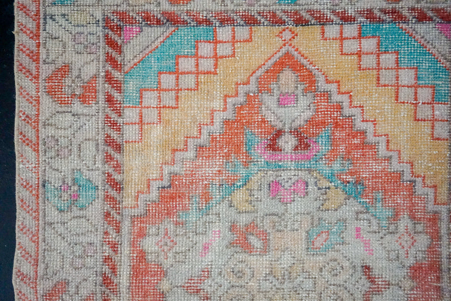 3’1 x 9’6 Vintage Turkish Runner Muted Coral Red, Beige and Aqua Blue