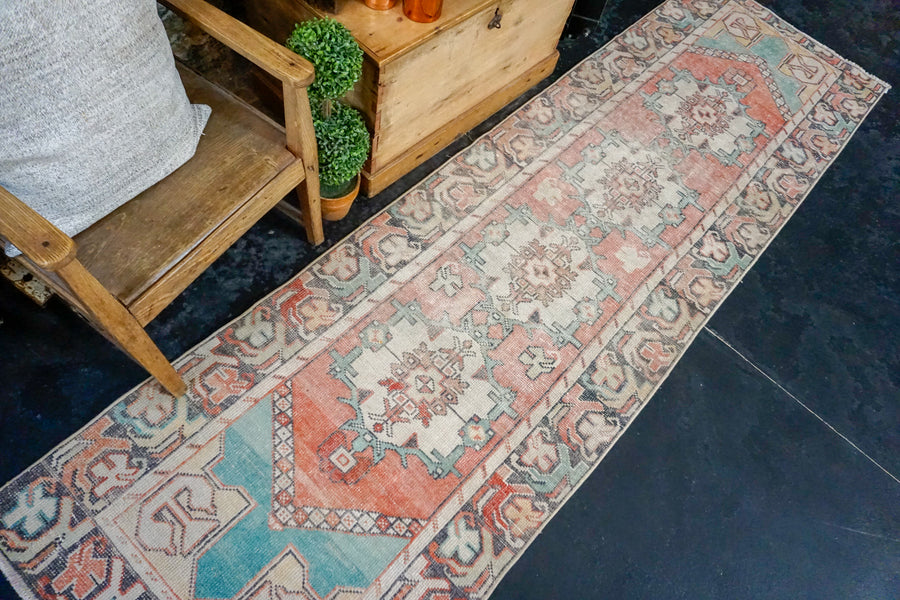 3’ x 10’3 Vintage Turkish Runner Muted Coral Red, Charcoal and Turquoise Blue