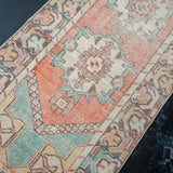 3’ x 10’3 Vintage Turkish Runner Muted Coral Red, Charcoal and Turquoise Blue
