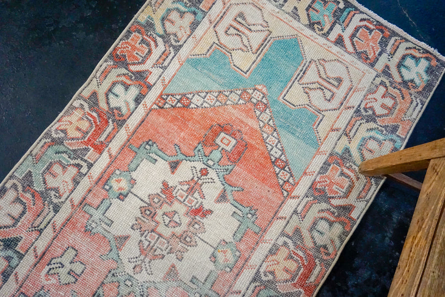3’ x 10’3 Vintage Turkish Runner Muted Coral Red, Charcoal and Turquoise Blue