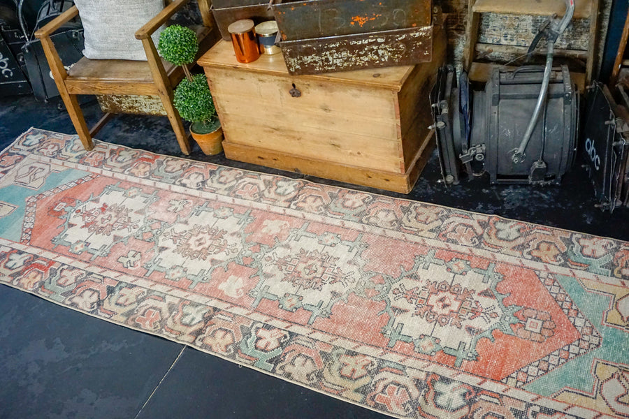 3’ x 10’3 Vintage Turkish Runner Muted Coral Red, Charcoal and Turquoise Blue