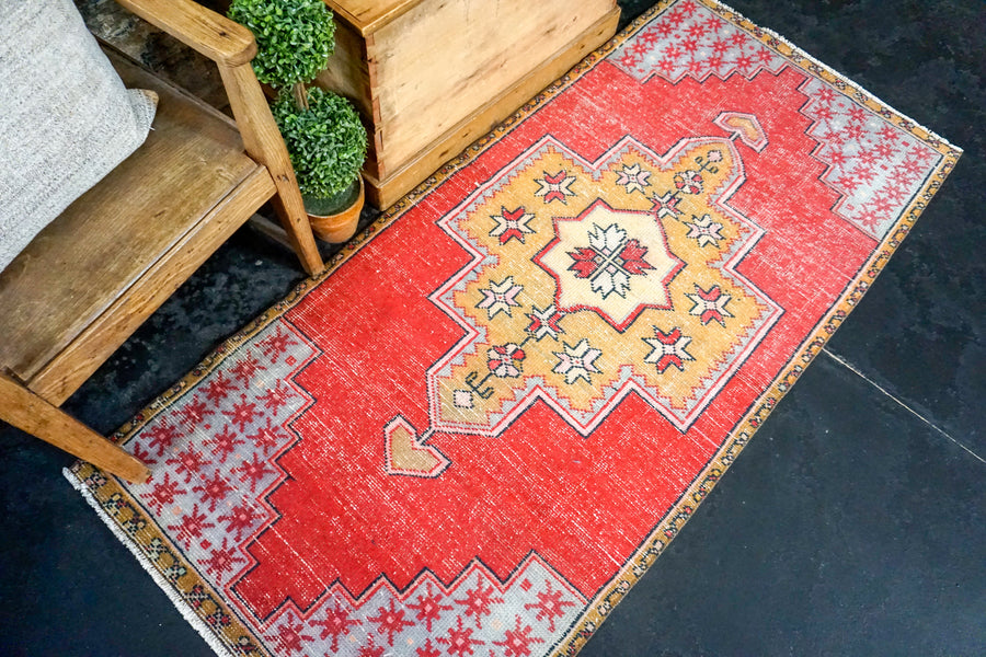 3’ x 6’7 Vintage Turkish Runner Muted Coral Red, Gold and Blue