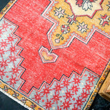 3’ x 6’7 Vintage Turkish Runner Muted Coral Red, Gold and Blue