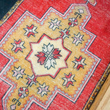 3’ x 6’7 Vintage Turkish Runner Muted Coral Red, Gold and Blue
