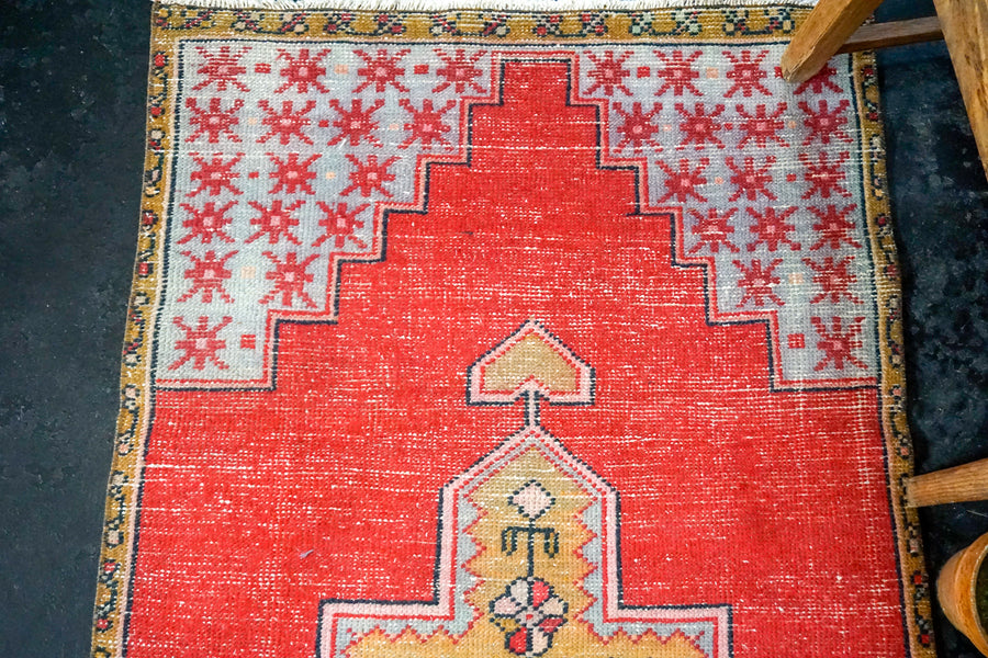 3’ x 6’7 Vintage Turkish Runner Muted Coral Red, Gold and Blue