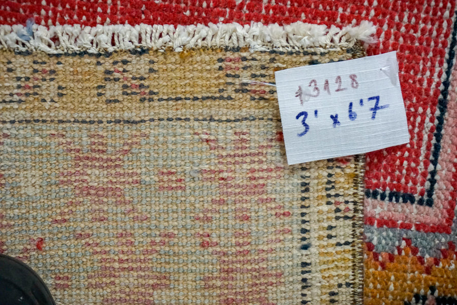 3’ x 6’7 Vintage Turkish Runner Muted Coral Red, Gold and Blue