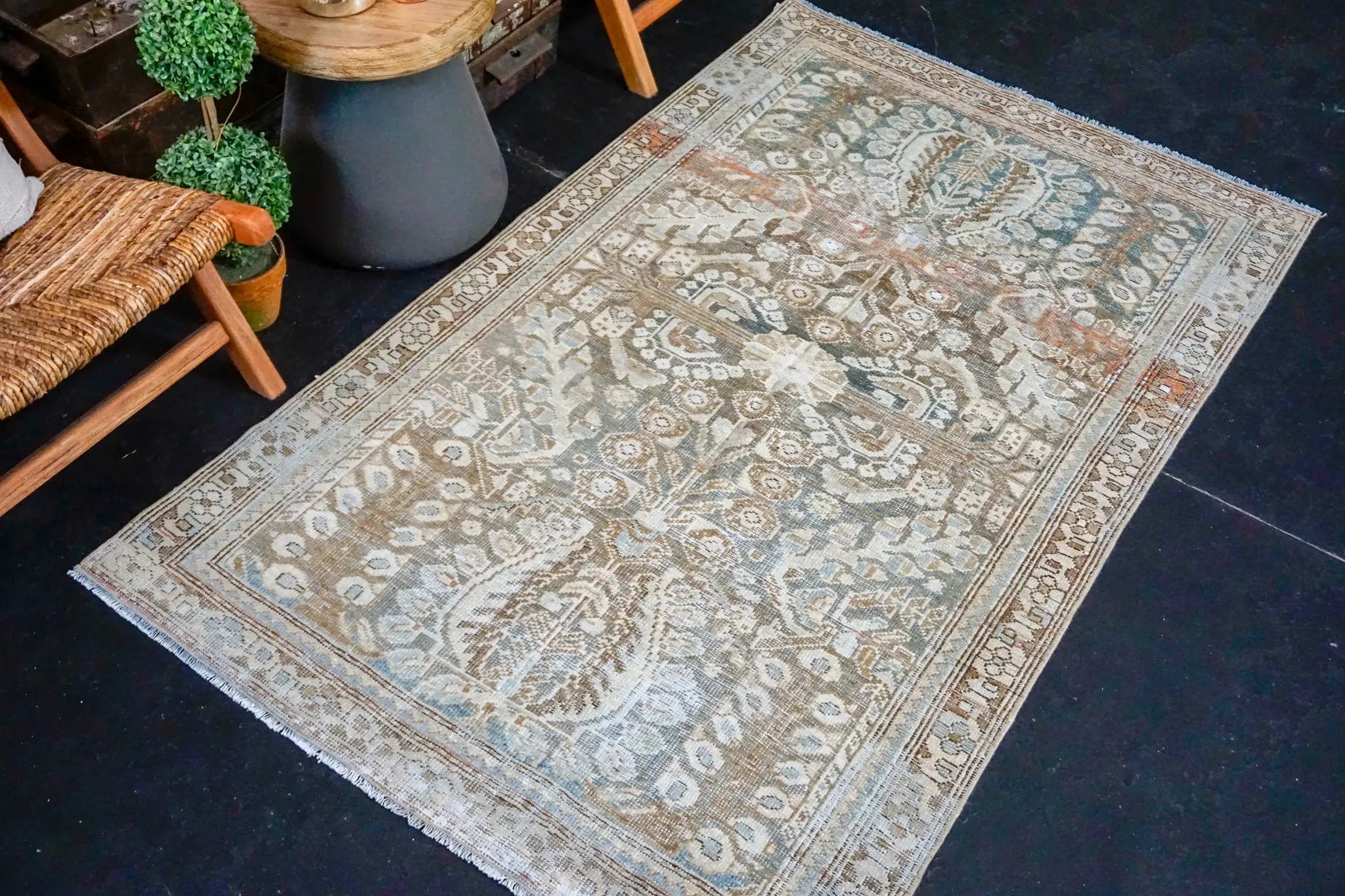 3’10 x 6’2 Classic Vintage Rug Muted Teal Green + Copper & Sea Blue Carpet SB '3795 Linda's Barn