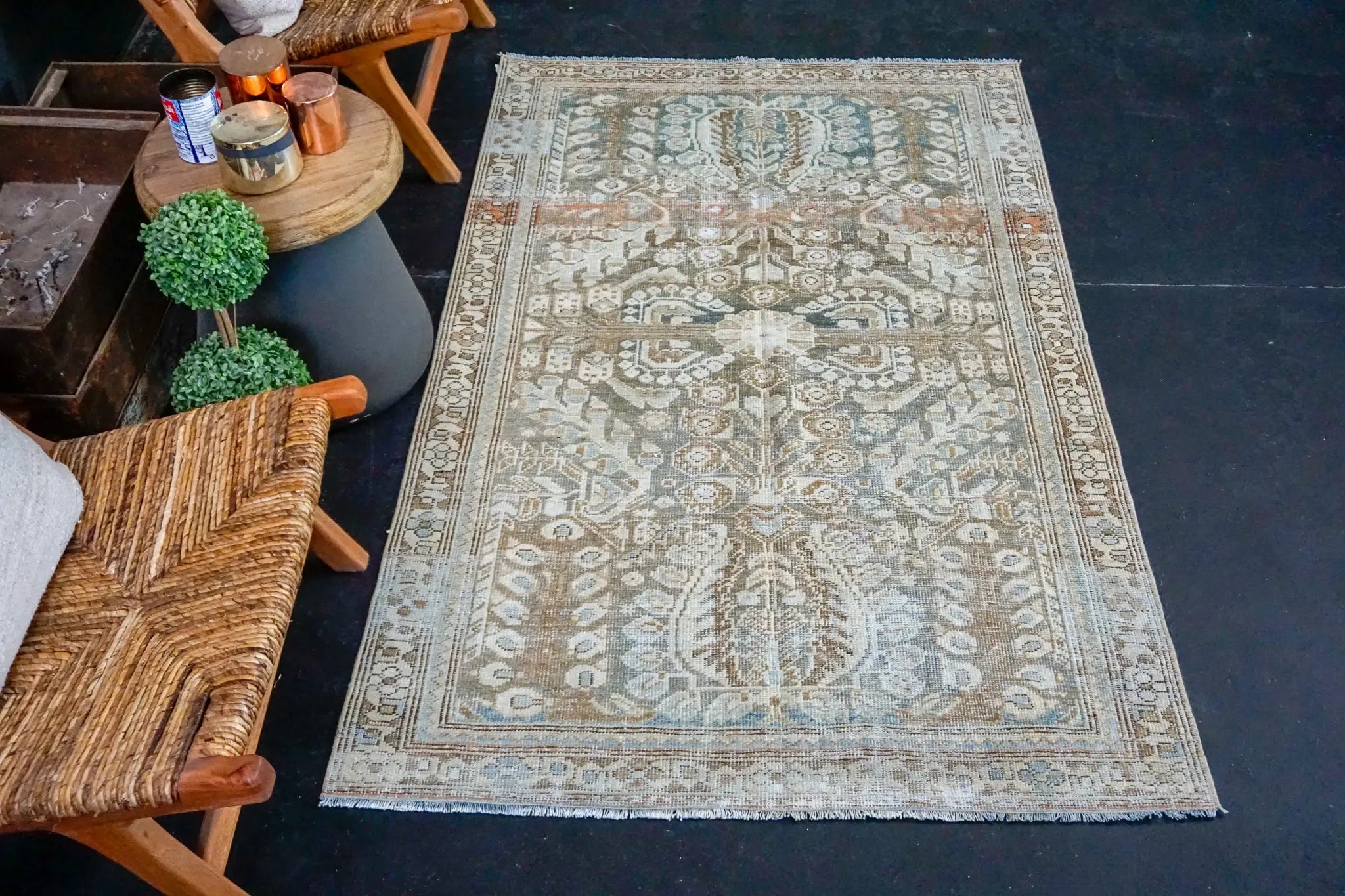 3’10 x 6’2 Classic Vintage Rug Muted Teal Green + Copper & Sea Blue Carpet SB '3795 Linda's Barn