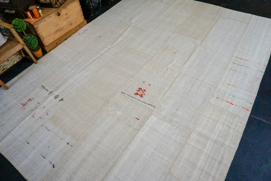 9’ x 12’4 MCM Vintage Organic Hemp Rug Off White Collage Kilim