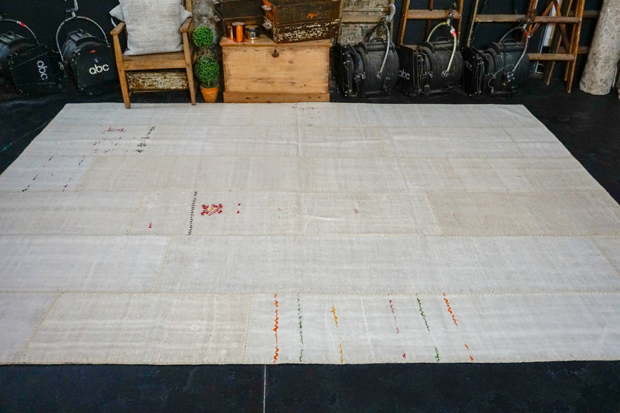 9’ x 12’4 MCM Vintage Organic Hemp Rug Off White Collage Kilim