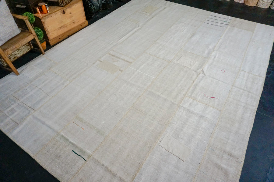 10’ x 13’ MCM Vintage Organic Hemp Rug Off White Collage Kilim