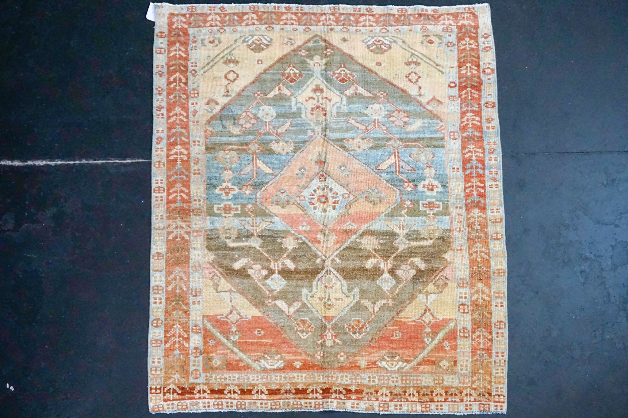 4’6 x 5’5 Classic Vintage Rug Muted Blue, Salmon + Ecru Carpet '3646 Linda's Barn