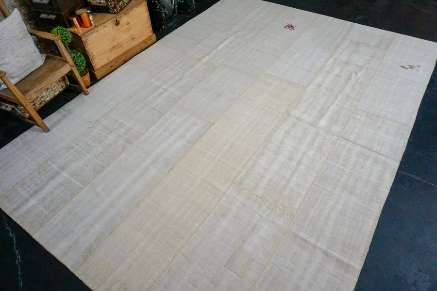 9’x 12’ MCM Vintage Organic Hemp Rug Off White Collage Kilim
