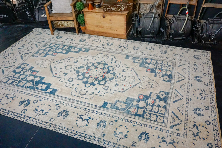 7’ x 11'6 Turkish Oushak Taspinar Rug Light Camel Beige and Indigo 1970's Handmade