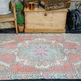 4’2 x 7’4 Oushak Rug Muted Red, Turquoise and Beige Vintage Carpet