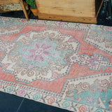 4’2 x 7’4 Oushak Rug Muted Red, Turquoise and Beige Vintage Carpet