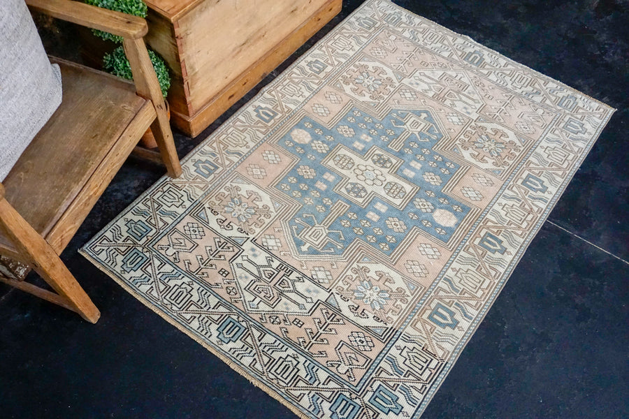3’6 x 5’1 Milas Rug Muted Denim Blue, Blush Beige and Cream Vintage Carpet