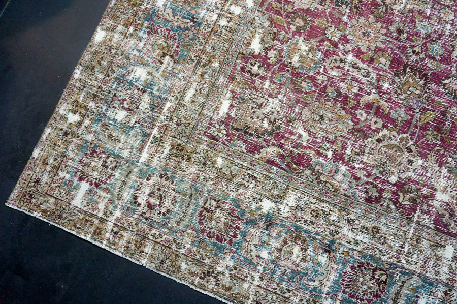 10’ x 12’5 Classic Vintage Rug Muted Fuchsia, Turquoise + Gray
