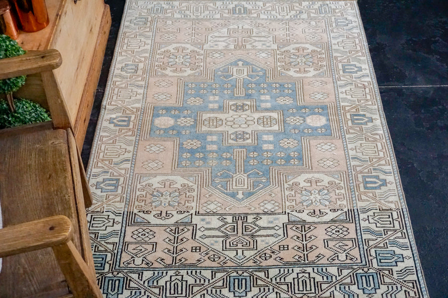 3’6 x 5’1 Milas Rug Muted Denim Blue, Blush Beige and Cream Vintage Carpet