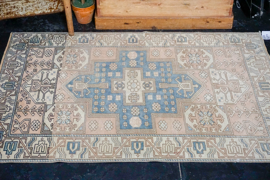 3’6 x 5’1 Milas Rug Muted Denim Blue, Blush Beige and Cream Vintage Carpet
