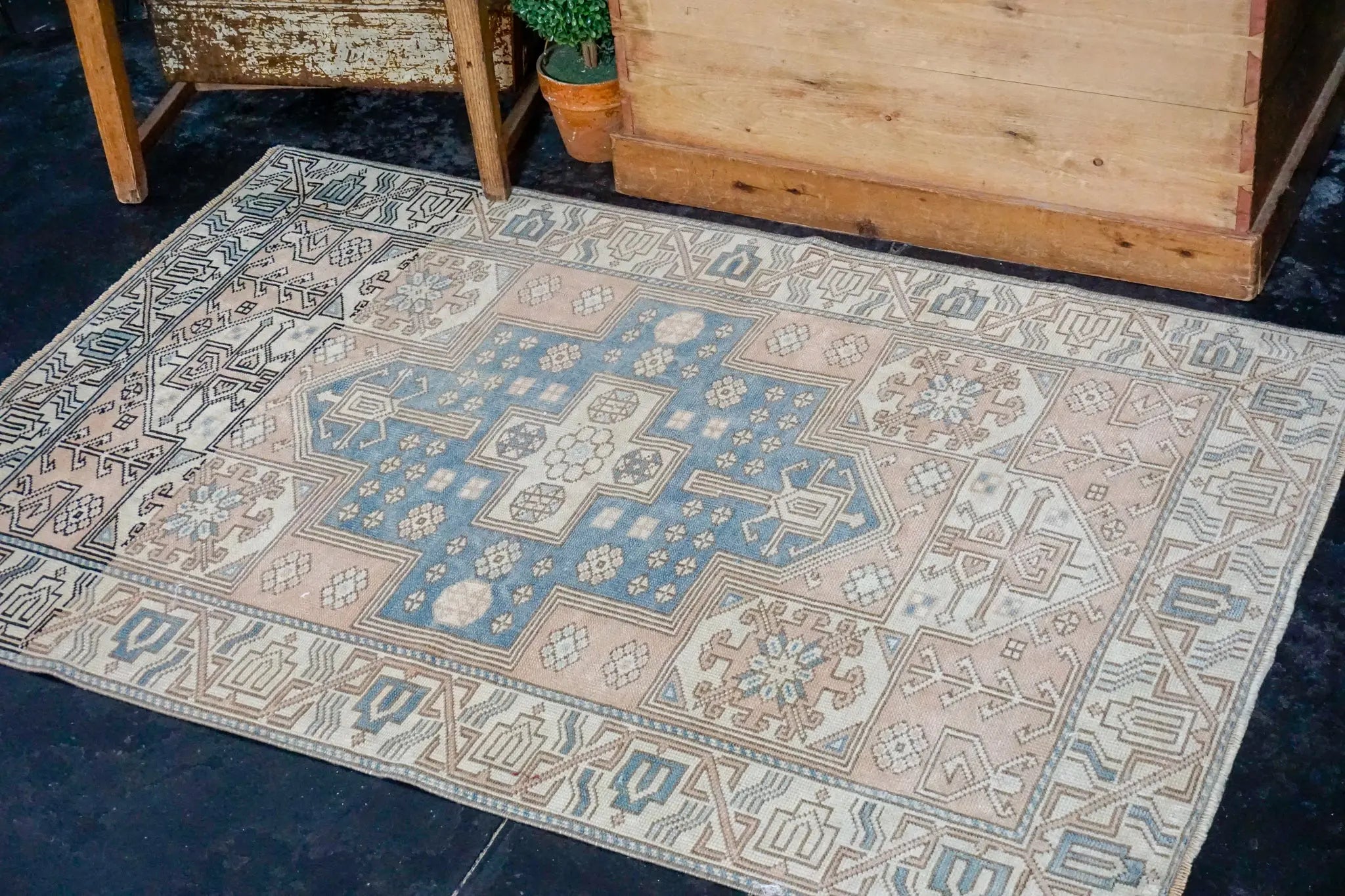 3’6 x 5’1 Milas Rug Muted Denim Blue, Blush Beige and Cream Vintage Carpet '2951 Linda's Barn
