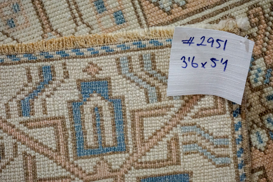 3’6 x 5’1 Milas Rug Muted Denim Blue, Blush Beige and Cream Vintage Carpet